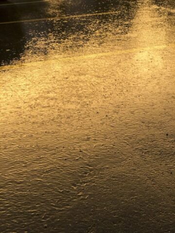 Wet asphalt during heavy rain in evening