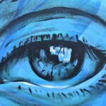 A close-up artistic painting of a blue eye, showcasing detailed brushstrokes and creative use of color.