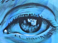 A close-up artistic painting of a blue eye, showcasing detailed brushstrokes and creative use of color.